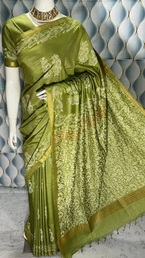 Hand Block Printed Pure Katan Silk Saree – Timeless Artistry in Every Thread